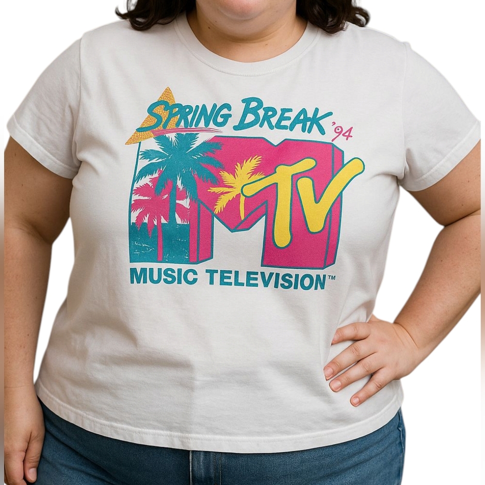 MTV Women's 2XL White Graphic T-Shirt Short Sleeve Retro Plus Size 100% Cotton